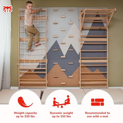Wood And Hearts Modular Swedish Wall Gym Set for Kids Indoor Active Play – Wooden Swedish Ladder with Adjustable Pull-Up Bar, Rope Climbing Wall & Rock Climbing Panels (Base Set) - style: Base Set