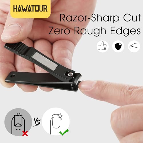 HAWATOUR Nail Clippers Set, Curved Stainless Steel Blade, Black | Professional Fingernail & Toenail Clippers, Compact Tin Case