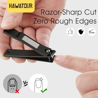 HAWATOUR Nail Clippers Set, Curved Stainless Steel Blade, Black | Professional Fingernail & Toenail Clippers, Compact Tin Case
