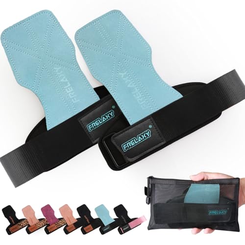 Frelaxy Lifting Wrist Straps for Women and Men, Weight Lifting Grips | Double-layer leather, Cushioned wrist support, Durable construction, Storage pouch, Deadlifts, rows, lat pulldowns - color: Lake Blue