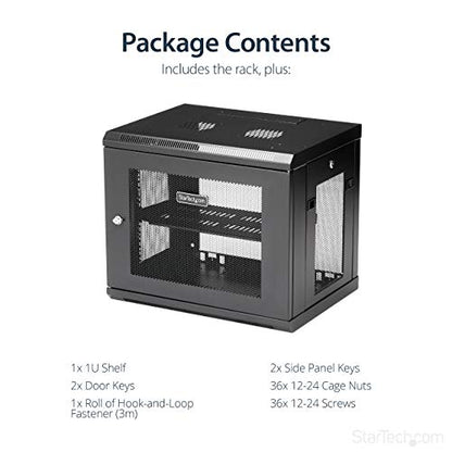 StarTech 9U Wall-Mount Cabinet, 19in, 2-Post, 15in Deep, 198lb (RK9WALM) | Enclosed locking server rack kit for IT data equipment, Max depth 15in, SPCC steel, Includes 1U shelf, Assembled - size: 9U, style: fixed 15" depth