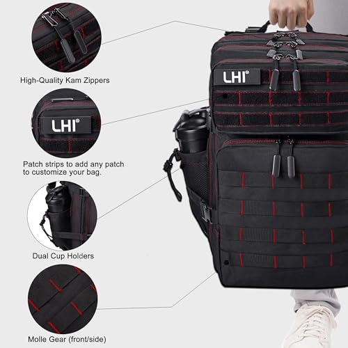 LHI Military Tactical Backpack for Men and Women 45L Army 3 Days Assault Pack Bag Large Rucksack with Shoe Compartment - color: 1.3 Black Red Line