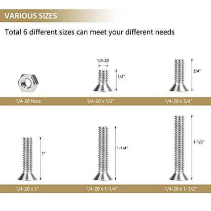 52 Pieces 1/4-20 x 1/2", 3/4", 1", 1-1/4", 1-1/2", Countersunk Head Socket Cap Screws Nuts Assortment Kit, 304 Stainless Steel, Fully Machine Thread - size: 1/4"-20, style: Countersunk Head
