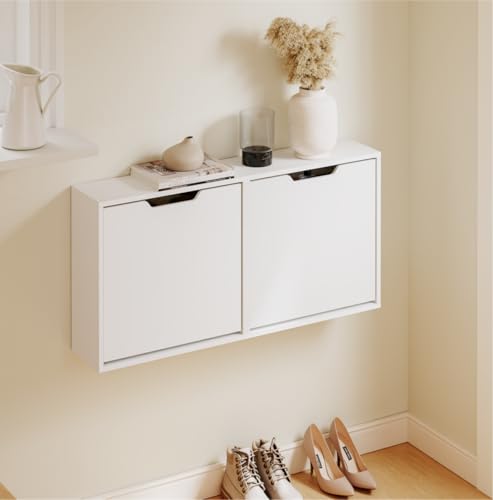 Haotian Wall Mounted Slim Shoe Cabinet for Entryway | Narrow Shoe Rack with 2 Flip Drawers, Hidden Shoe Storage Organizer, Anti-Tip Design, White, FSR210-W - color: White, size: Wall mount