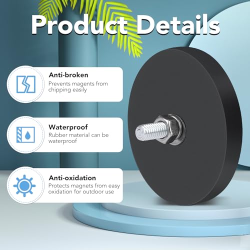 DIYMAG Rubber Coated Neodymium Magnets 2.6in 65lbs 12pcs | Anti-Scratch Black Rubber Coating, with M6 Threaded Studs Nuts, Strong Holding Power, for Light Bar, Mirror, Camera Mounting - size: M6-65LB-2.59in