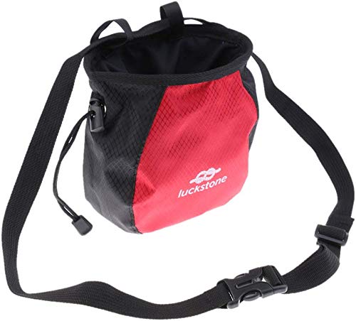 Chalk Bag Storage Pouch for Rock Climbing Gym with Drawstring and Adjustable Waist Belt * Black and red -