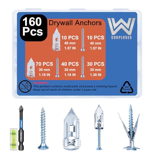 160 Pcs Sliver Drywall Anchors with Screws Kit, Zinc Plated Alloy Steel | Includes a Phillips Screwdriver And a Level Gauge, 2 Size Drywall Anchors And 3 Size Screws - color: Sliver