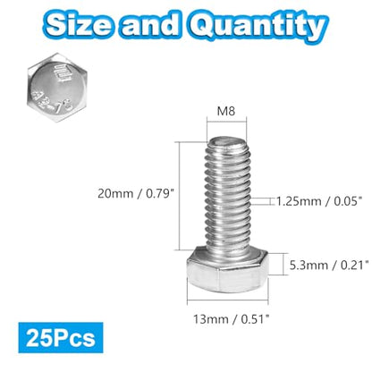 25 Pcs M8 Hex Bolts M8-1.25 x 20mm Hex Head Screw Bolt 304 Stainless Steel M8-1.25mm Hexagon Bolts Hex Head Screws, Metric Machine Fully Thread, Bright Finish - size: M8-1.25 x 20mm