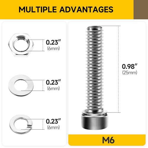 Mywish (25Sets) M6 Bolts, M6 x 25mm Socket Head Cap Screws Bolts, 304 Stainless Steel Allen Socket Hex Drive Screws, Bright Finish Screw Kit with Nuts and Washers & Hex Spanner - size: M6 x 25mm