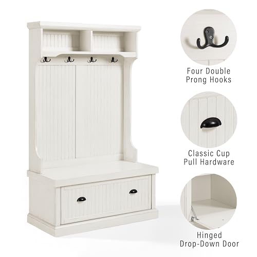 Crosley Furniture Seaside Hall Tree with Shoe Rack Bench and Coat Hooks for Hanging Storage, Distressed White - color: Distressed White, style: Hall Tree