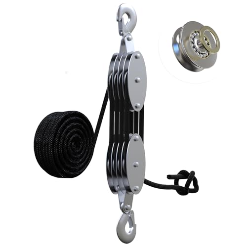 YATOINTO Rope Hoist Pulley System with Metal Bearing, 4400LB Pulley Block and Tackle, 8:1 Lifting Power 65ft, Heavy Duty Pulley Block for Hunting Lifting Heavy Objects Garage Warehouses Building - size: 4 Pulley