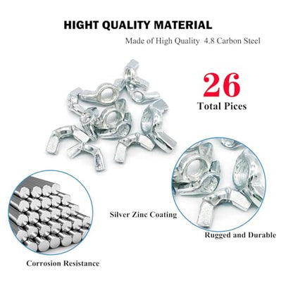 26 Pcs 4 Sizes 3/16",1/4",5/16",3/8" Wingnuts, Quality Carbon Steel Wing Nuts Sliver Zinc Plated Fasteners Parts Butterfly Nut, Hand Twist Tighten Hardware Nuts Butterfly Wing-Nut Assorted Kit - size: 4 Sizes (3/16", 1/4", 5/16", 3/8") - 26 Pcs