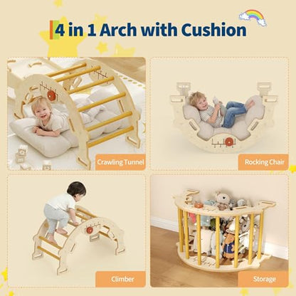 OUTLANE Pikler Triangle Set, 7-in-1 Foldable Wooden Toddler Climbing Toys Indoor, Jungle Gym for Toddlers, Large Montessori Climbing Set with Reversible Slide, Arch Ramp, Ladder & Cushion (Natural) - color: Natural