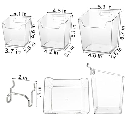 Coloch 6 Pack Clear Pegboard Cups with Hooks, Plastic Peg Board Bins Pegboard Organizer Accessories Wide Mouth Storage Box for Garage, Workbench, Craft Room, Office Organization, 3 Sizes