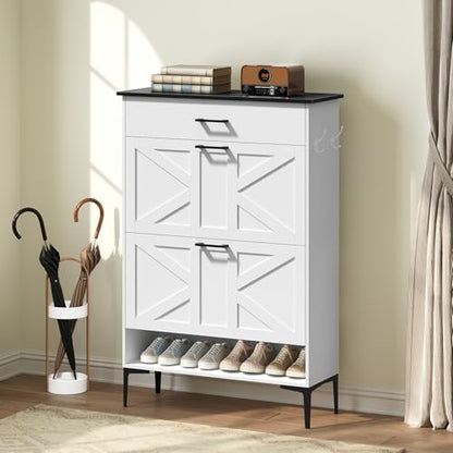 MAHANCRIS Shoe Cabinet with 2 Flip Drawers, Farmhouse Shoe Storage Cabinet for Entryway, Freestanding Narrow Shoe Organizer Cabinet with Adjustable Shelves for Entrance, Black and White SHBB20201