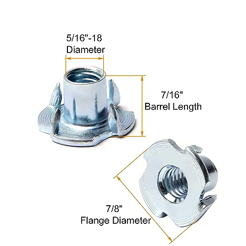 5/16"-18 T-Nut (50 Packs), Zinc Plated Carbon Steel T-Nut | 7/16" Barrel Length, 4 Pronged Tee Blind Nuts, Threaded Inserts for Wood, Rock Climbing Holds, Cabinetry, Furniture - size: 5/16"-18