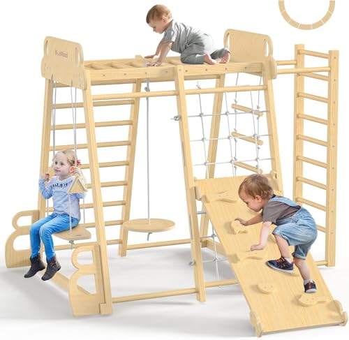 Upgraded Indoor Jungle Gym 9-in-1 Playground Kids Climbing Toys | Waldorf Style Wooden Climber Playset with Slide, Swing, Monkey Bars, Upright/Rope Ladder, Climb Net, Natural Wood Color - color: Natural Wood Color