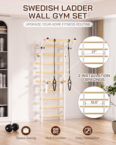 Swedish Ladder Wall Gym, Wooden Wall-Mounted Stall Bars with Pull-up Bar & Exercise Straps & Dip Bars, Stretching Ladder Full Body Home Gym Adults New - color: White