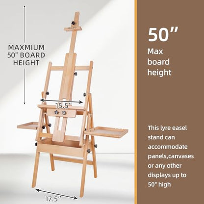 Horizontal Beechwood Studio Easel with Drawer and Palettes, Natural | H-Frame Solid Wooden Painting Easel for Students, Beginners, and Artists, Hold Canvas to 50Inches High - style: Horizontal Natural