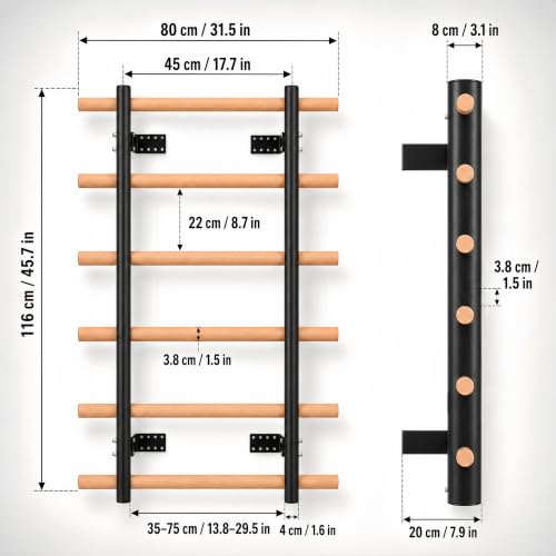 Swedish Ladder Wall Gym For Adults, Wall Mounted Stall Bars And Wall Bars With Yellow Suspension Trainer Straps, Compact Wooden Stretching Ladder For Home Fitness, Pull-Up, Mobility And Calisthenics