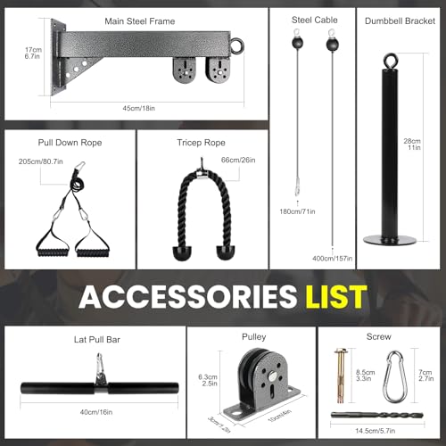 Pulley System for Home Gym, Wall Mount LAT Pull Down Machine Attachment with 3 Handles, for Back, Arm, and Chest Workout