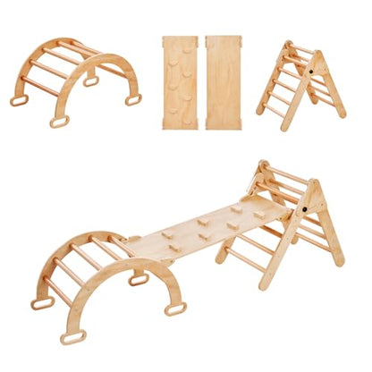 Happybuy 5-in-1 Toddler Climbing Set, Montessori Pikler Triangle, Ramp & Arch, Medium Wooden Playground for 1-3 Years, Indoor Climbing Gym, Wood Color