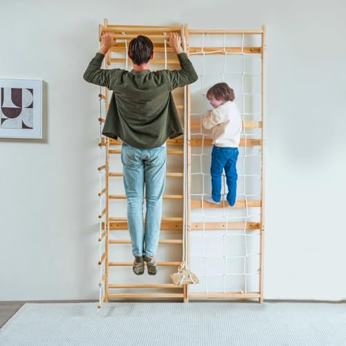 Avenlur Neem Swedish Ladder Wall Gym Adult & Kids Climbing Wall (94.5 in) | 5-in-1 kids home gym: climbing wall kids love, indoor swing for kids, pull up bar for kids, stair slides indoor for kids - size: 94.5"