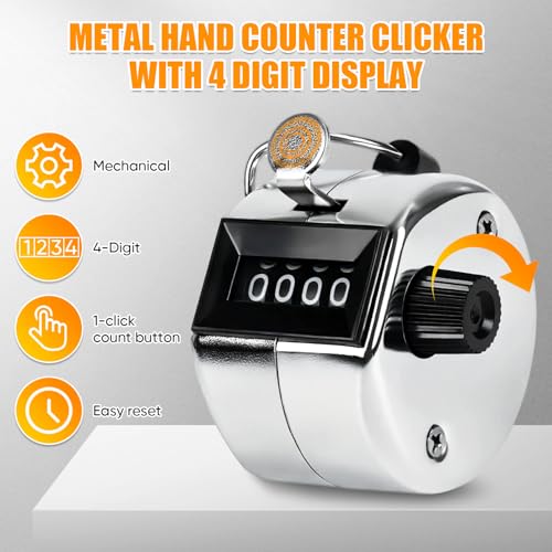 Metal Handheld Tally Counter, Clicker Counter with 4 Digit Display | Hand Mechanical Counter for Counting, Golf, Baseball, Knitting, Coaching, Fishing and Laps