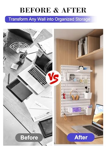 Pegboard Wall Organizer Set – 4 Peg Boards with Hooks & Shelves – Office, Kitchen, Gaming Room Desk Pegboard Storage – Peg Board Wall Display Rack (White) - color: White