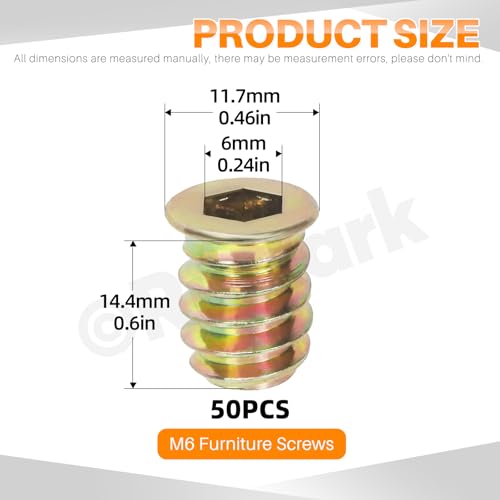 50Pcs M6x15mm Yellow Zinc Threaded Insert Nuts Assortment Kit Metric Hex Socket Drive Metal Bolt Wood Inserts Bolt Nut Insert for Wood Products Furniture - style: yellow zinc 6x15MM threaded inserts nuts