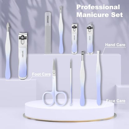 Manicure Set, 10 pcs High-Carbon Steel Nail Clippers Set, Portable Mini Manicure and Pedicure Kit, Travel Grooming Nail Kit with Leather Bag for Men and Women - color: Purple