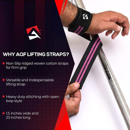 AQF Weight Lifting Straps, Padded Cotton Gym Wrist Straps for Deadlifts | 23" Extra-Long, Heavy-Duty Webbing, 5mm Neoprene Cushioning, Open-Loop Design, Sold as Pair, Ideal for Rows & Pull Workout - color: Black & Pink