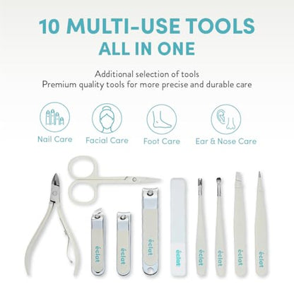 Éclat Manicure Pedicure Kit for Men & Women, 10Pcs Finger & Toe Nail Care Tools Includes Nail Clipper Cutter, Tweezer, File, Cuticle Pusher, Personal Care Professional Grooming Set With Travel Case - color: Medium Mani+pedi Set (10pc Cream)