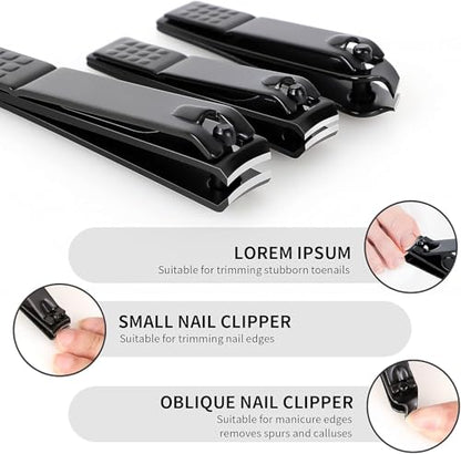 3-Piece Nail Clippers Set – Stainless Steel Fingernail & Toenail Clippers for Thick or Ingrown Nails, Professional Black Nail Cutter for Men and Women