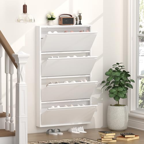 GREATMEET Shoe Rack for Closet, 6 Inch Slim Wall Mounted Shoe Cabinet, Narrow White Hidden Metal Shoe Storage with 4 Flip Drawers, Tall 57 Inch Steel Organizer Rack for Entryway Hallway Small Spaces - color: Matt White, size: 4 Flip Drawers