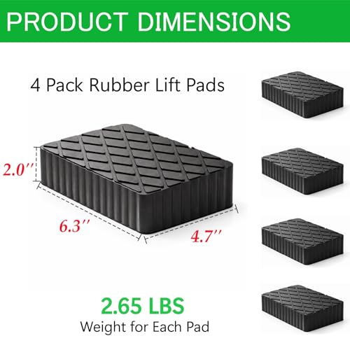 Anti-Skid Solid Rubber Auto Lift Pads – 4 Pack Heavy Duty Lift Blocks for Floor Jacks, Jack Stands & Car Lifts, 3000 Lbs Loading Capacity, 6.3" x 4.7" x 2.0" Size for Frame Protection - size: 6.3" x 4.7" x 2.0"