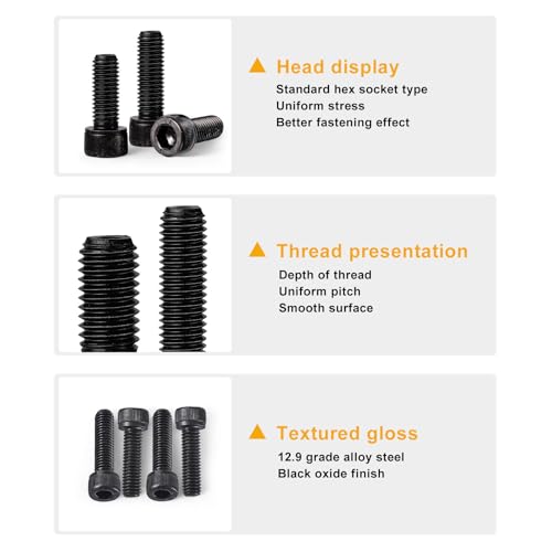50PCS M5 x 50mm 60mm 70mm 80mm, Hex Socket Head Cap Screws Bolts Nuts Kit, 12.9 Grade Alloy Steel, Black Oxide Finish, Metric Allen Drive, Fully Threaded - size: Socket M5x50/60/70/80mm