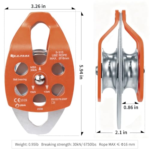 SEPEAK CE&UIAA 30kN Large Rescue Climbing Pulley Double Sheave with Swing Plate Climbing&Rock Lifting,Orange - color: Orange
