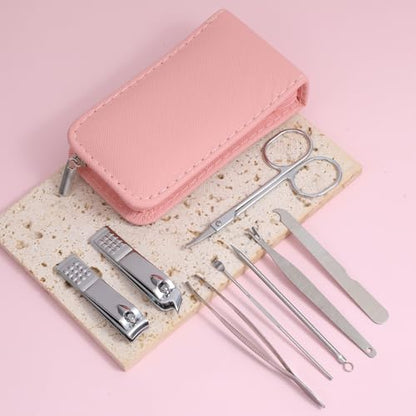 12 Sets Manicure Set, 8 in 1 Stainless Steel Nail Care Kit, Sturdy Manicure Tool Kits with Travel Case, Nail Grooming Kit Gift, for Men and Women(Pink) - color: Pink