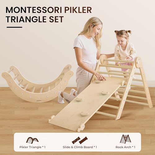 Belleur 7-in-1 Climbing Toys for Toddlers 1-3 Years Old, Foldable Wooden Pikler Triangle Set Indoor, Montessori Climbing Set with Arch, Ramp & Ladder - Natural - color: Natural