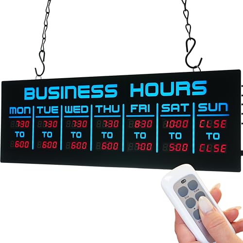 Digital Business Hours Sign by ELEMENT LUX - Electronic Programmable Hours of Operation Signs for Business with Ultra Bright LEDs for Glass Door - Remote and Hanging Kit - 16in x 5.5in, Blue - color: Blue and Red