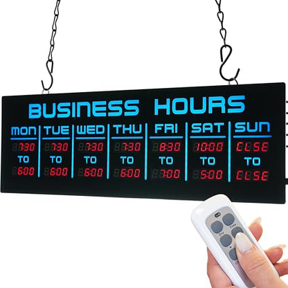 Digital Business Hours Sign by ELEMENT LUX - Electronic Programmable Hours of Operation Signs for Business with Ultra Bright LEDs for Glass Door - Remote and Hanging Kit - 16in x 5.5in, Blue - color: Blue and Red