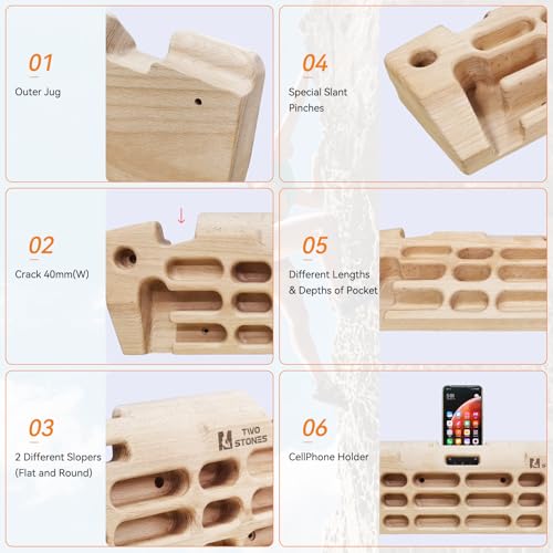 Two Stones Hangboard Rock Climbing Hangboard with Phone Holder, Band Holder, Jugs, Pinches, Pockets, Edges and Slopes; Wood Hang Board for Climbing