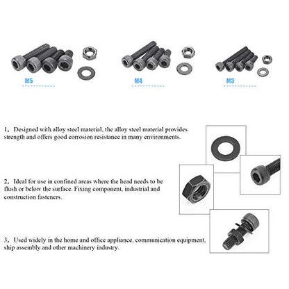 DYWISHKEY 500 Pieces M3 M4 M5, 12.9 Grade Alloy Steel Hex Socket Head Cap Bolts Nuts Assortment Kit with Hex Wrenches - size: M3 M4 M5, style: Socket Head