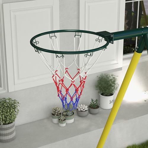 Outsunny 440 lbs Swing Set for Backyard, 5 in 1 Heavy-Duty A-Frame Stand Outdoor Playset for Kids, with Saucer Swing, Slide, Swing Seats, Gym Rings, Basketball Hoop, Climbing Steps and Net