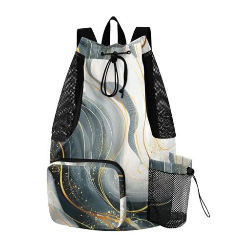 Drawstring Climbing Gym Bag With Water Bottle Holder Drawstring Backpack with Wet Dry Compartments Blue Golden Lines Marble