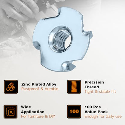 T-Nut, GudeTap 1/4"-20 T-Nuts, 4-Pronged Tee Nut (100 PCS) – Zinc Plated Steel, Rustproof, for Wood, Rock Climbing Holds, Furniture, Cabinetry - color: Zinc Plated Steel