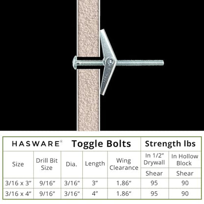 HASWARE Toggle Bolt Zinc Plated Steel and Wing Nut for Hanging Heavy Items on Drywall 3/16 Multi (12 Pack) - size: 3/16 Multi (12 Pack)