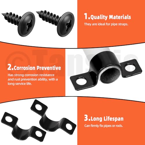 Tanstic 40Pcs Black Two Hole Pipe Strap, 3/16” 5/16” 3/8” 1/2” Two Hole Strap U Bracket Rigid Pipe Strap Pipe Strap Clamp with Phillips Modified Truss Head Wood Screws for Fixing Conduit, U Bracket - size: 5/8/10/12mm