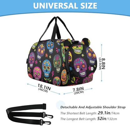Kids Sports Duffel Bag for Boys & Girls - Day Of The Dead Sugar Skull 100% Polyester Gym Bag with Separate Shoe Compartment, Adjustable Shoulder Strap, Compact Travel & Workout Gear Bag - color: Day Of The Dead Sugar Skull